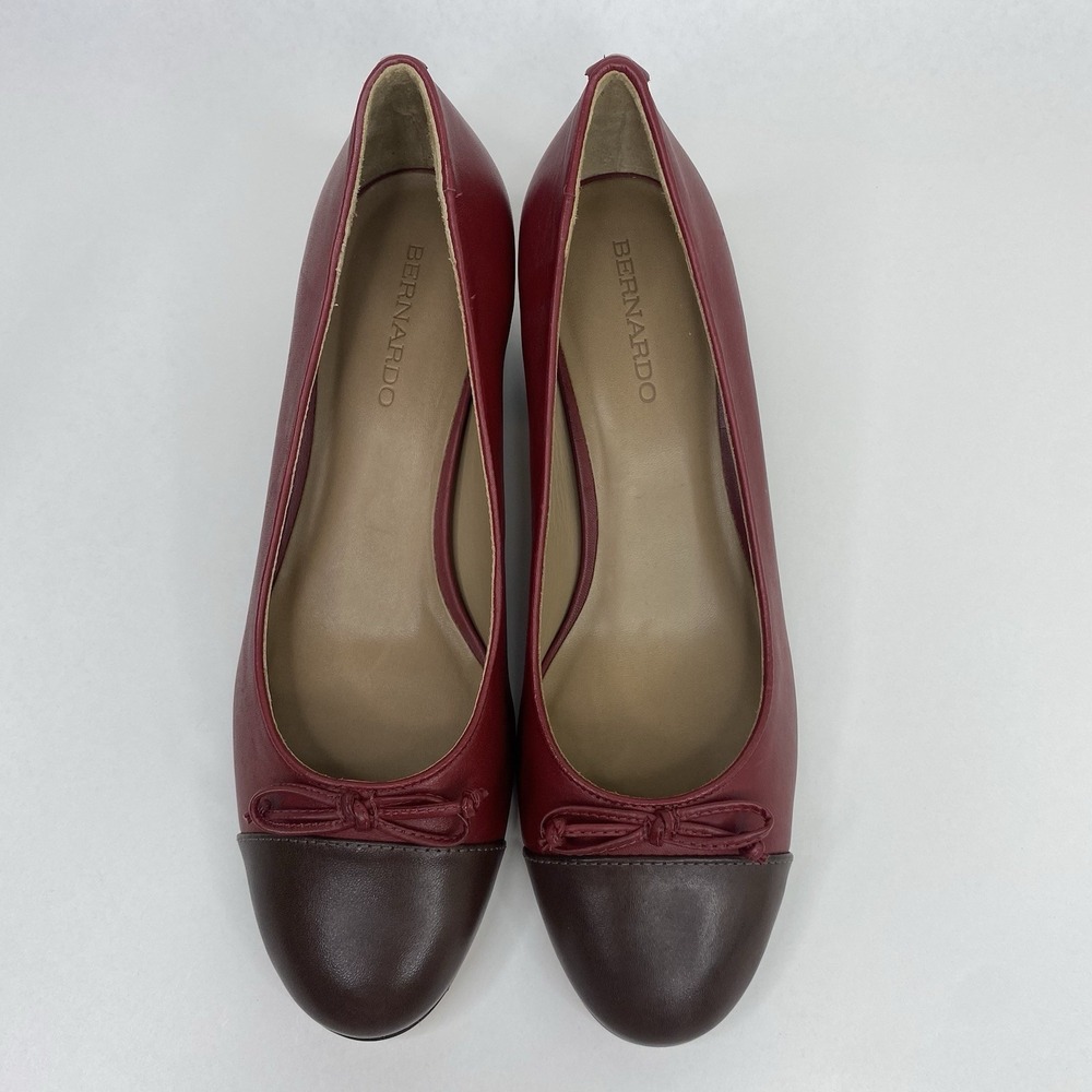 BERNARDO Marisol Cap Toe Pumps Two Tone Leather Dark Red/Brown Sz 9M Block Heel - Picture 7 of 15